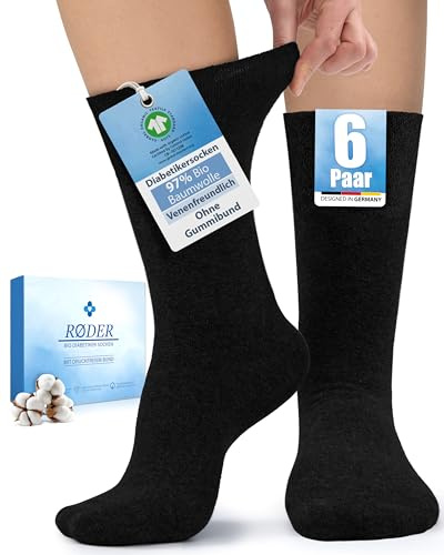 RØDER 6 Paar Diabetikersocken ohne Gummibund Herren & Damen – 97 % Bio-Baumwolle – weich, rutschfest & druckfrei – Socken ohne Gummi– auch für sensible & komfortliebende Füße (Schwarz,43-46)