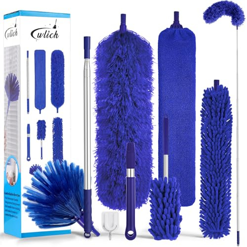 wlich 8 Pcs Microfiber Feather Duster, 100 In Blue Extendable Cobweb Duster | Washable and Reusable Heads, Bendable High Reach Pole, for Ceiling Fans, Blinds, Furniture, Cars, Home, Office, Vents, Dorms