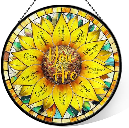 Christian You Are Stained Glass Window Hanging, 7.9 Inspirational Bible Verse Sun Catcher Glass Panel with Chain, Christ Sunflower Hand Painted Round Wall Art, Inspirational Religious Gifts for Women