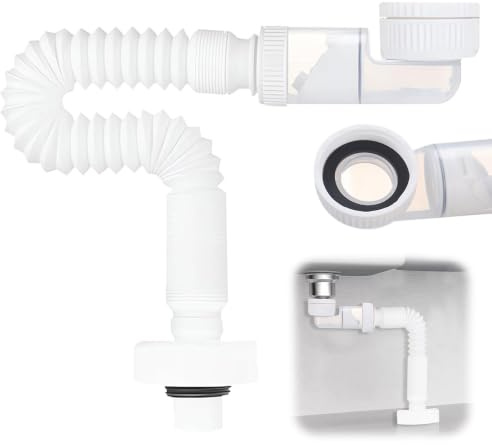 SKJJM 1 1/4 Zoll Siphon, Raumsparsiphon Flexibler Ablaufschlauch, 360° Einstellbarer Siphon Waschbecken, Abflussrohr mit Geruchsverschluss, Siphon für Küchenspüle Waschmaschine Badezimmer (Weiß)