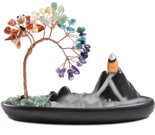 ZONSUSE Räuchergefäß mit Kristallbaum Landschaft, 7 Chakra-Wasserfall Rückfluss Räuchergefäß, Keramik Landschafts Räucherstäbchenhalter, für Meditation Dekoration Aromatherapie Geschenk (Hill Chakra)