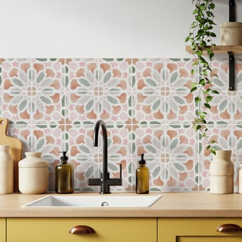meihea 30 Pack, 4x4 Inch Pastel Boho Tile Stickers, Watercolor Peel and Stick Vinyl for Backsplash, Stairs & Furniture