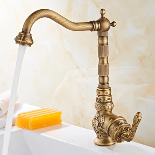 BiaoTeng Antique Brass Mixer Taps for Kitchen Sink 1 Hole with 360 Rotatable Hot and Cold Kitchen Sink Mixer Tap Retro