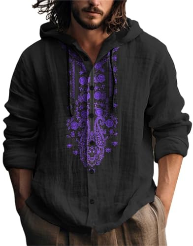 Camp herrskjortor herr casual mode huvor vår långärmad slubb linne 3D tryckt skjorta herrmode modern, svart, 3XL