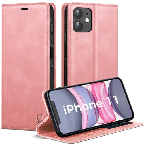 AIMOYU Handyhülle für iPhone 11 Hülle, Premium PU Leder Klapphülle Schutzhülle, Tasche Magnet Kartenfach Standfunktion Flip Case Hülle für iPhone 11, Rosa