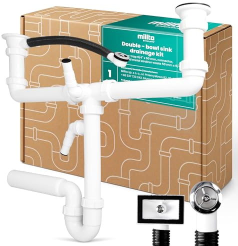 Millto Sifone Per Lavello Doppio 6/4'' 50 mm Scarico Tubolare Con Troppo Pieno Cucina Plastica Bianca Collegamento Lavastoviglie Lavatrice Installazione Manuale