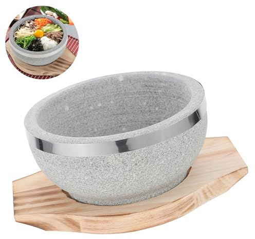 Milisten Ciotole di Pietra per Bibimbap da 14 Cm Vassoio in Legno, Resistenti a Fiamme Libere, Mantengono Cibo Caldo per Cucina Coreana e Servizio in Tavola