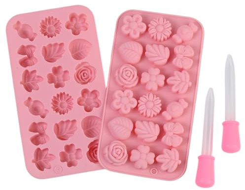 2 pcs Molde Silicona Flores 18 Cavidades 2 Pipetas Moldes Bombones Chocolate DIY, Decoración Fondant Repostería, Molde Caramelo Gominola, Antiadherente Reutilizable, Accesorios Cocina Horneado