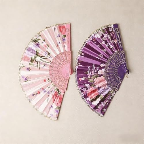 2Pcs Hand Fan Folding Hand Held Fans Golding Silk Fabric Golden Embroidered Edge Chinese Fan Handheld Fan Folding Manual Folding Fan Spanish Fan for Wedding Gifts Dancing Home Decor (pink&purple)