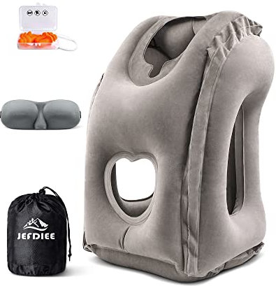 JefDiee Aufblasbare Nackenkissen Flugzeug Reise, Tragbare Reisekissen, Nackenstützkissen Bequem Unterstützt Kopf und Kinn, Kissen für Züge, Autos, Büro, Haus, mit 3D-Augenmaske, Ohrstöpsel (Grau)