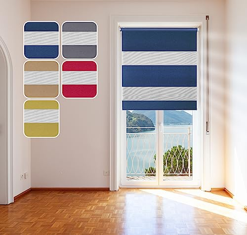 Doppelrollo Metallic, Blau, 95x150cm - mit extra Breiten Stoff-Streifen und Klemmfix-Halterung