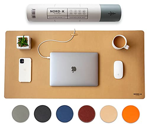 Nordik Leather Desk Mat Cable Organiser (Champagne Beige 89 X 43 cm) Premium Extended Mouse Mat for Home Office Accessories - Non-Slip Vegan Leather Desk Pad Protector & Desk Blotter Pad