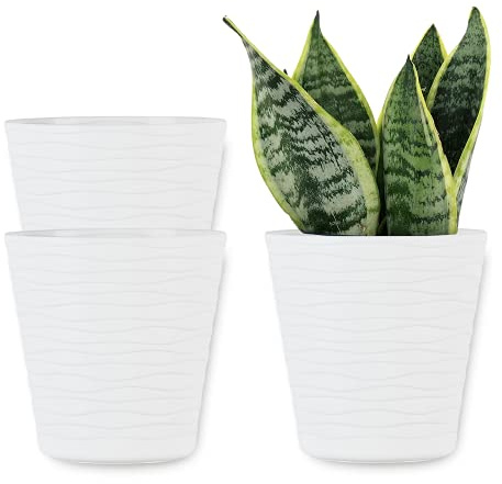 ORTEN Plant Pot Plastic Flower Pot with Saucer and Drainage Holes for All House Plants, Herbs, Cactus, Orchid, Succulents SET of 3 (Ø 13cm (5.11 in), White)