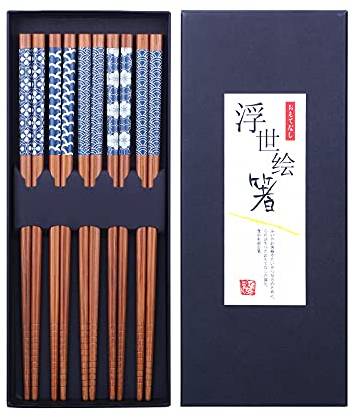 HAUTOCO 5 Paar Japanischer Stil Bambus Essstäbchen Wiederverwendbar Essstäbchen mit Box, Spülmaschinenfest Essstäbchen, 22,5 cm