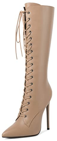 EDEFS Bottines Femme Knee High Classique Talons Aiguille 4.7'' Hiver Fermeture éclair Bout Pointu Chaleureux Bottiness Beige EU37