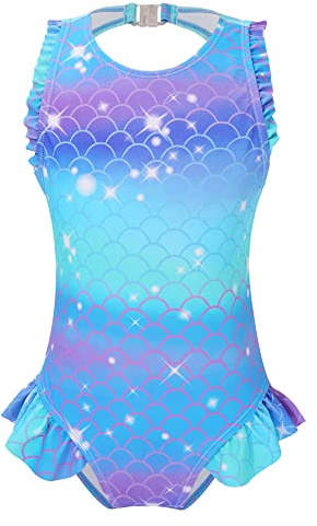 TiaoBug Mädchen Meerjungfrau Badeanzug Schwimmanzug mit Rüschen Kinder Bademode Beachwear 98 104 110 116 122 128 134 140 146 152 Blau R 134-140/9-10 Jahre