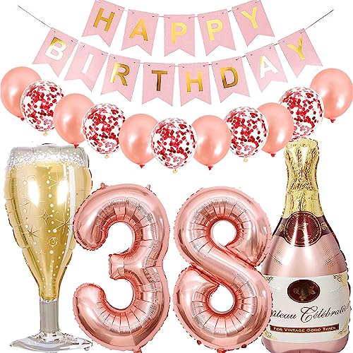 Dalettu Luftballon 38. Geburtstag Deko Frau, Folienballon Weinflasche Sektflasche Rose Gold Helium Ballon Deko, Geburtstagsdeko 38 Jahre Frauen, Happy Birthday Banner für 38 Jahr Geburtstag Party Deko
