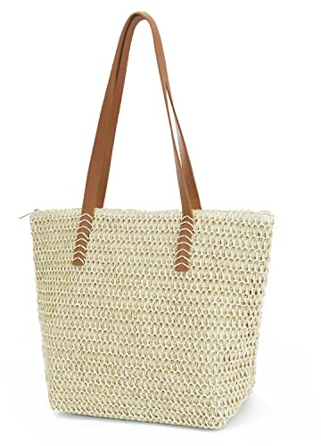 MAMUNU Sac de plage en paille pour femme - Grand sac en paille avec fermeture éclair - Sac tissé rétro d'été - Sac à main - Sac à main - Sac à main - Style bohème décontracté - Pour la plage, la