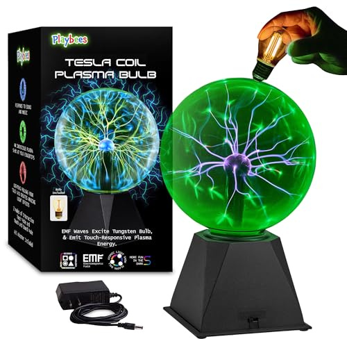 Playbees Green Plasma Ball - 7 Inch - Tesla Coil Bulb Static Electricity in a Vacuum Pressurized Glass Globe, Nebula Thunder Lightning, Plug-in - for Parties, Decorations, Prop, STEM