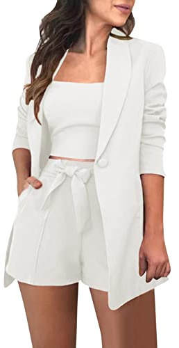 Ensemble Élégant Femme Blazer Tailleur+Top+Short de Bureau 3 Pièces Veste de Costume Manteau Blouson Casual pour Affaires Soiree Formel Bureau Travail#1226