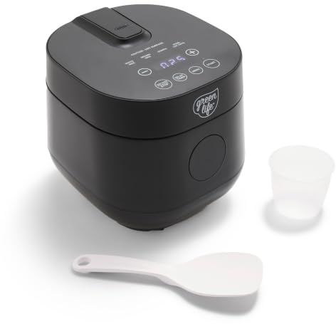 GreenLife Digital Rice Cooker, 2-Cups Uncooked/4-Cups Cooked, Removable Nonstick Ceramic PFAS-Free Pot, One-Touch Presets, Oats, Quinoa, Brown Rice, Auto Keep Warm, Fuzzy Logic Tech, 1.5QT, Black