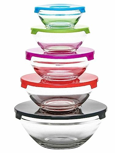 ARA CHOICE 5pcs Food Storage Glass Bowls Kitchen Set Healthy Meal Prep Stackable Mixing Container with Colour Lids Lunch Cooking Baking Salad Bowl Dishwasher Oven Microwave & Freezer Friendly