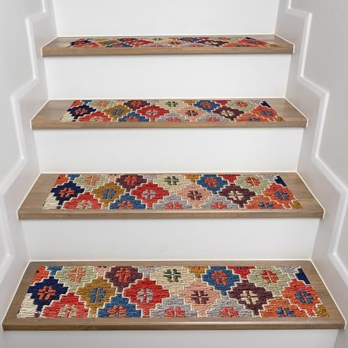 EASTERNRUGARTS Rug Carpet Stair Treads 8x28 for Wooden Steps Set of 15, Stair Step Runner Rug, Non-Slip Washable Stair Tread Runner Rug, Boho Farmhouse Wood Turkish Stair Rug (15, Color-1)