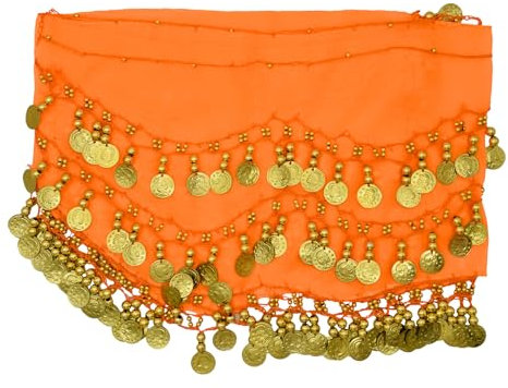 PAITOK Bauchtanz Hüfttuch, Frauens Bauchtanz Gürtel mit 128 Goldmünzen Tänzer Schal Kostüme Mädchen Tanzrock Wickelgürtel (Orange)