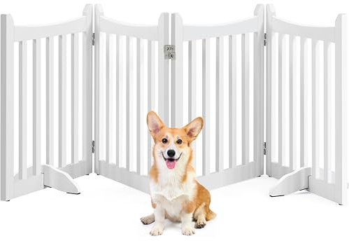 Yaheetech Absperrgitter Hund Schutzgitter, HxB: 60,5 x 201,5 cm, Treppengitter mit 2 Stützfüßen, Faltbares Hundegitter, Freistehendes Absperrgitter für Küche/Kamin/Ofen/Treppe, 4 Paneelen, Weiß