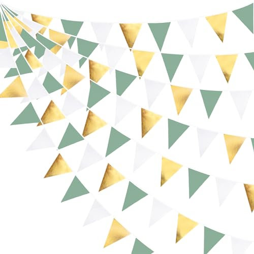 32Ft Sage Green Gold White Bunting Banner Party Decorations Fabric Triangle Flag Pennant Garland Streamers for Rustic Jungle Safari Wild Woodland Dinosaur Birthday Wedding Baby Shower Hanging Decor