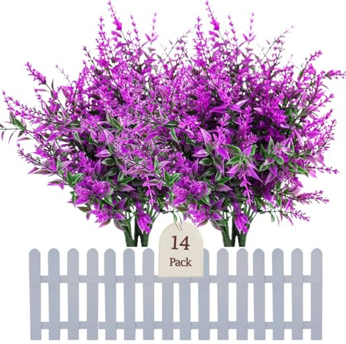 Sredumn 14 Bundles Artificial Flowers, outdoor artificial plants，UV Resistant Plastic Shrub Artificial Lavender, for outside, garden, hanging, basket, fence, window, trellis decoration