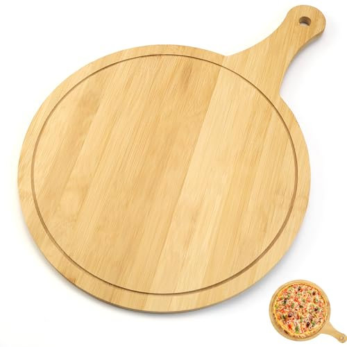 TYBYBB Plato de pizza de madera, tabla de cortar redonda, tabla de cortar de madera con asa, tablas de pizza de madera para mover pizza, para foccacia o pan, tabla de madera para pizza, 30 x 45 x 1 cm