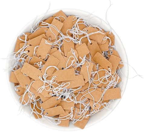 200 stycken prislappar, presentetiketter kraftpapper hängen etiketter, 26 x 12 mm kraftpapper prishängare bruna prislappar handgjorda hängetiketter med elastiskt snörhänge