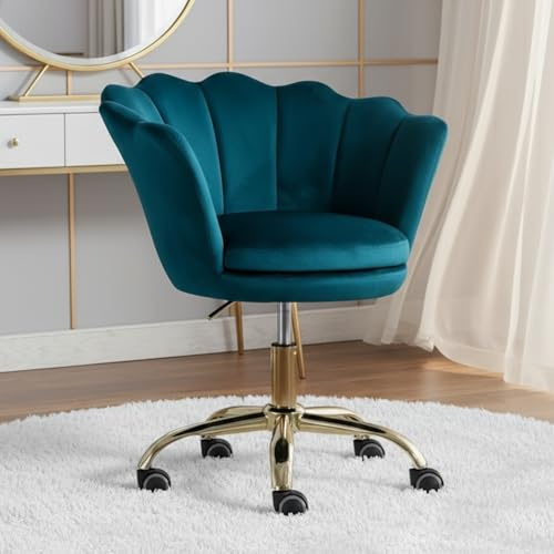 chairus Homeoffice stol, snurrstol i sammet skrivbordsstol höjdjusterbar kontorsstol med blombladsryggstöd, guldpläterad bas fåtölj för sovrum/toalettbord, blågrön