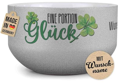 Print Royal PR Glitzer Müslischale mit Name selbst gestalten - Eine Portion Glück - Personalisierte Schüssel bedrucken - Individuelle Geschenke für Familie, Freunde - Keramik, Silber 500 ml