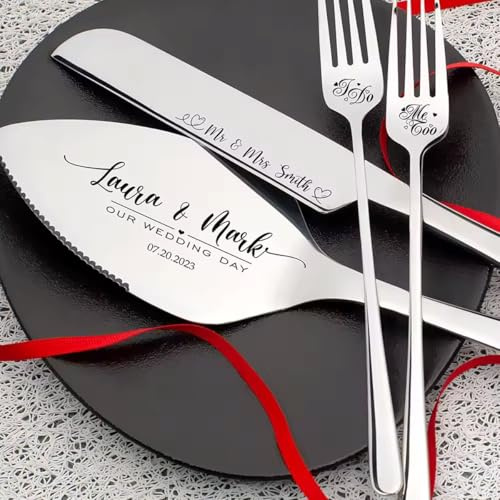 Set De Corte De Pastel De Bodas Personalizado, Espátula For Pastel Grabada Personalizada, Momentos Conmemorativos De Corte De Pastel, Set For Servir Pastel De Aniversario De Bodas Sr. Sra.(Silver)