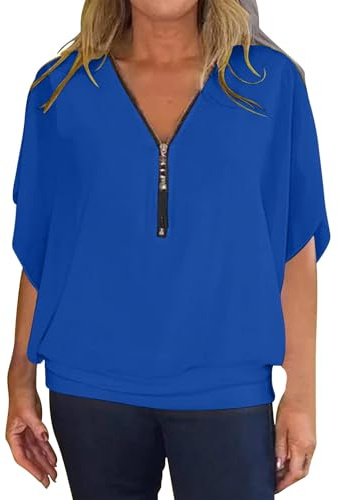 KonJim Chiffon-Blusen für Damen, trendig, elegant, Fledermausärmel, V-Ausschnitt, Reißverschluss, lässig, locker, Dolman-Top, gebänderter Saum, durchscheinendes Netz-Tunika-Oberteil, blau, 5XL