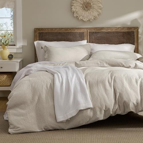 Bedsure Waffle Weave Duvet Cover Queen Size, Luxury, Soft & Breathable Comforter Cover for All Season, 3 Pieces Wrinkle-Resistant Zipper Bedding with 8 Corner Ties, Linen