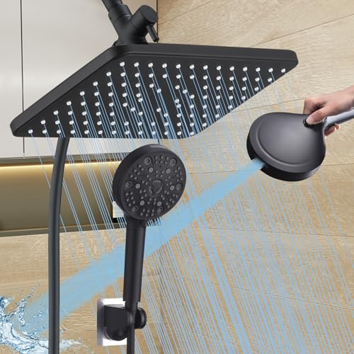 GAOZHIBST 12 Inch Rain Shower Head High Pressure Dual Shower Heads Rainfall Showerhead with 9 Sprays Handheld Spray Combo & 70Long Fixed Showerheads Hose, Matte Black Bathroom Accessories