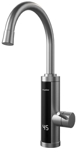 Wasserhahn mit Durchlauferhitzer mit Universaldüse (Bogenauslass) | Elektrischer Warmwasserhahn mit Bogenauslauf & Digitaldisplay. Universaldüse, sofort heiß. Edelstahl, Heiß/Kalt-Mischung.
