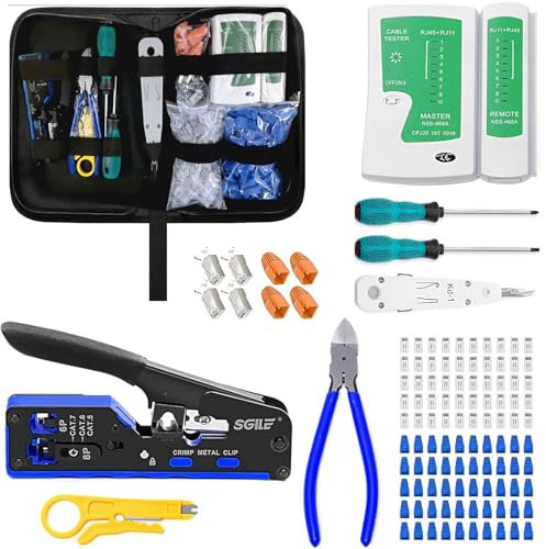 Netzwerk Werkzeug Set RJ45 Crimpzange Netzwerkstecker Set Kompatibel mit Cat5/Cat6/Cat7, mit 50x Cat6 RJ45 Stecker, Kabeltester & Abisolierer, Profi RJ45/RJ11/RJ12 Reparaturwerkzeug