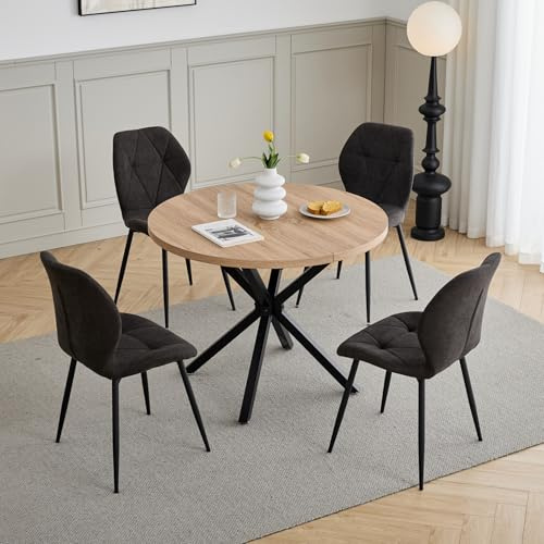 GrandCA HOME Esstisch und Stuhlset, 100 cm Runder Esstisch und 4 Moderne Leinenstühle, für Esszimmer, Küche, Wohnzimmer (Helle + Schwarz)
