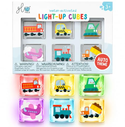 Glo Pals Water-Activated Light-Up Bath Toy Cubes, Automobiles, Pack of 6 | Glow On Contact with Water, Switch Off When Dry, Build Fine Motor Skills and Color Recognition, Mold Free Designs