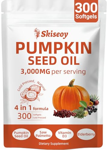 Pumpkin Seed Oil Capsules, 4 in 1 3000mg Pumpkin Seed Oil for Hair Growth, Prostate Support & Immune Health, Cold Pressed & Pure Virgin, Vegan, Non-GMO, 300 Softgels