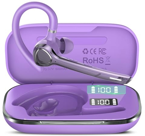 Bluetooth Headset, Wireless Bluetooth Earpiece V5.4, 90H Talktime Single-Ear Headphone with Mute Button , Dual Mic Noise Canceling Hands-Free Earphones for Computer Cell Phones Trucker Work, Purple