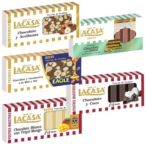 Pack Surtido 5 Turrones Lacasa:Blanco con Tequi Mango, Cacao y Avellanas, Chocolate y Coco, Nata y Fresa, Chocolate estilo Dubai con Pistacho