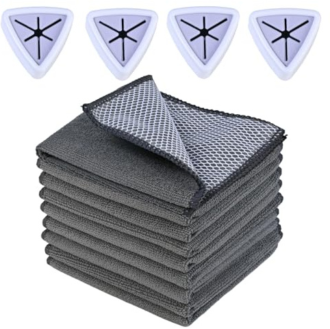 8 PCS Grey Microfiber Cloths with Scouring Side Poly Mesh Dishcloths, 30x30Cm Reusable Dish Cloths for Kitchen, Microfiber Cleaning Cloth with 4 Towel Storage Buckle for Kitchen Cleaning and Housework