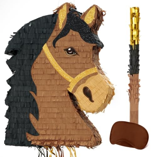 WERNNSAI Pferde Pinata – Pferd Pinata Geburtstag Deko Junge Kinder Pferdekopf Piñata mit Stock Augenbinde Geburtstagsparty Dekorationen Cowboy Westworld Party Piñata Spiele | Pferdekopf Piñata mit Stock Augenbinde, Westworld Party Deko, Hängende Tiermotiv Piñata, Festliche Partyzubehör