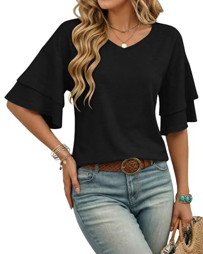 WNEEDU T Shirt Donna Collo a V Magliette Donna Manica Corta a Balze Estiva Blusa Elegante Casual Tunica Top Estivo Vacanza Mare Nero XL