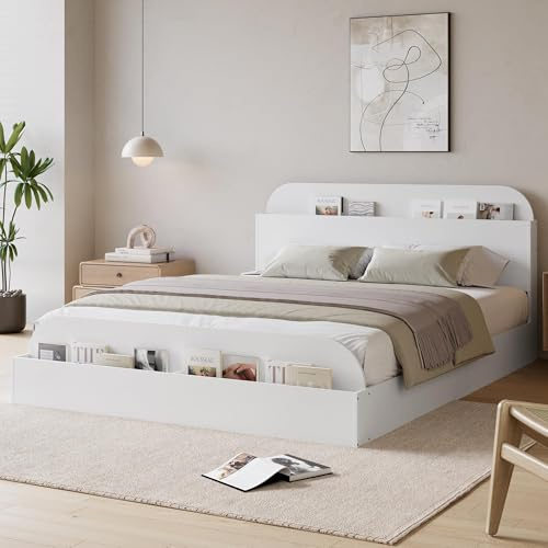 Garvee Queen Size Bed Frame with Storage Headboard and Raised Footboard – Wooden Queen-Floor Low Platform Bed for Bedroom, Heavy Duty & Noise Free, No Box Spring Needed, White